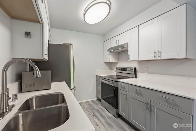 kitchen with light hardwood / wood-style floors, sink, gray cabinets, white cabinetry, and stainless steel electric range