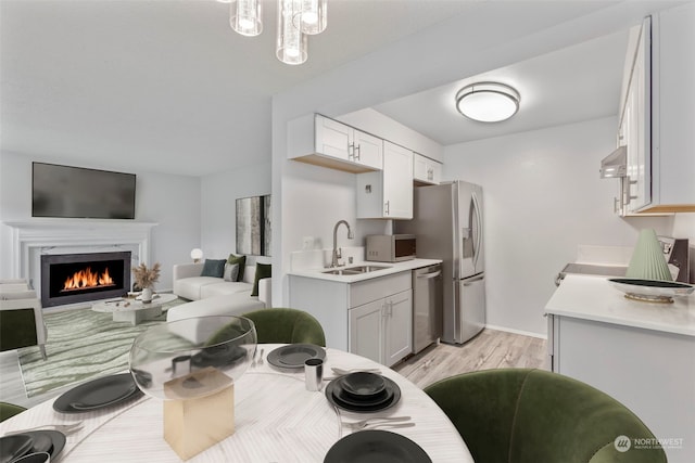 kitchen featuring a fireplace, stainless steel appliances, white cabinetry, and sink