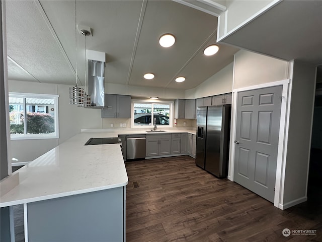 kitchen featuring a wealth of natural light, stainless steel appliances, dark hardwood / wood-style flooring, and extractor fan