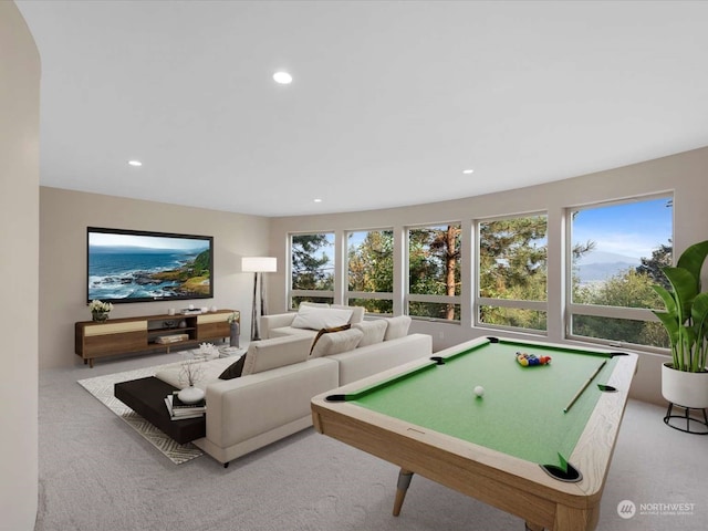 game room with pool table and carpet flooring