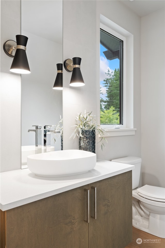 bathroom with toilet, hardwood / wood-style flooring, and vanity