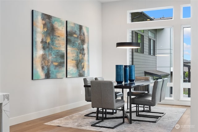 dining space with wood-type flooring and plenty of natural light