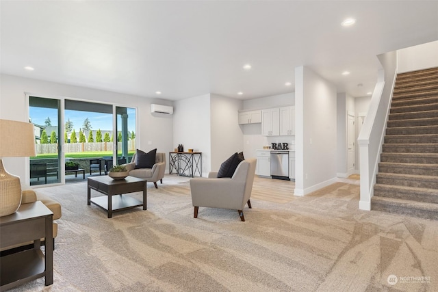 living area featuring light carpet, recessed lighting, and a wall mounted AC