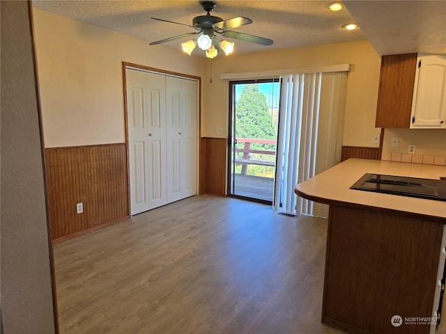 kitchen with a textured ceiling, wood finished floors, wainscoting, and light countertops