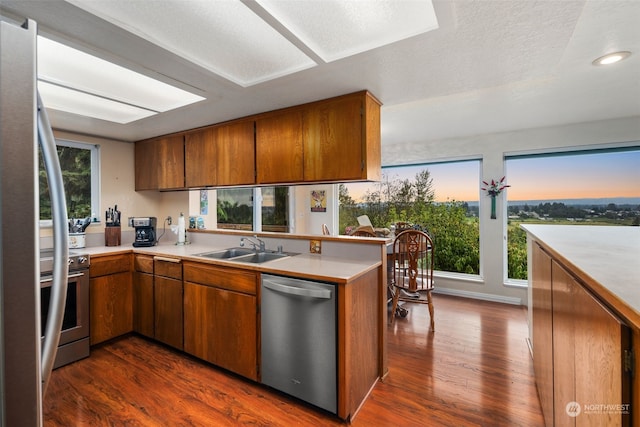 kitchen with dark hardwood / wood-style flooring, stainless steel appliances, sink, kitchen peninsula, and plenty of natural light