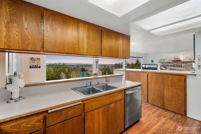 kitchen featuring stainless steel dishwasher, sink, and light hardwood / wood-style floors