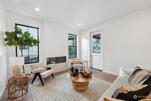 living room with a wealth of natural light, a fireplace, and light hardwood / wood-style floors