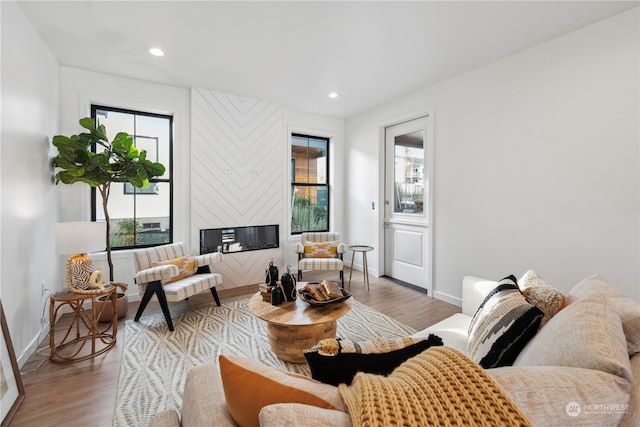 living room featuring plenty of natural light and light hardwood / wood-style flooring