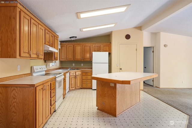 kitchen with vaulted ceiling, white appliances, light carpet, a center island, and sink