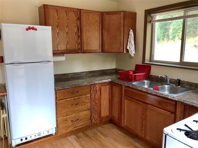 kitchen with light wood-type flooring, white appliances, and sink