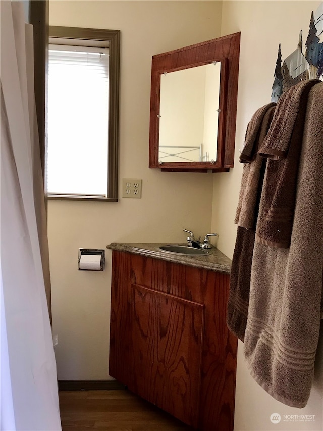 bathroom featuring a wealth of natural light, hardwood / wood-style flooring, and vanity