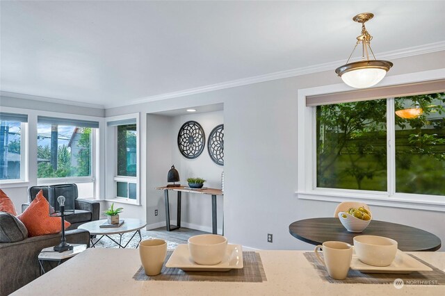 living room with crown molding