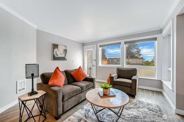 living room featuring hardwood / wood-style flooring, plenty of natural light, and crown molding