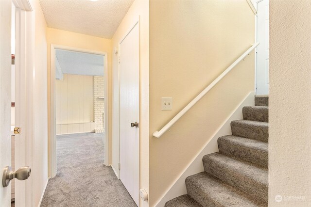 stairs with carpet and a textured ceiling