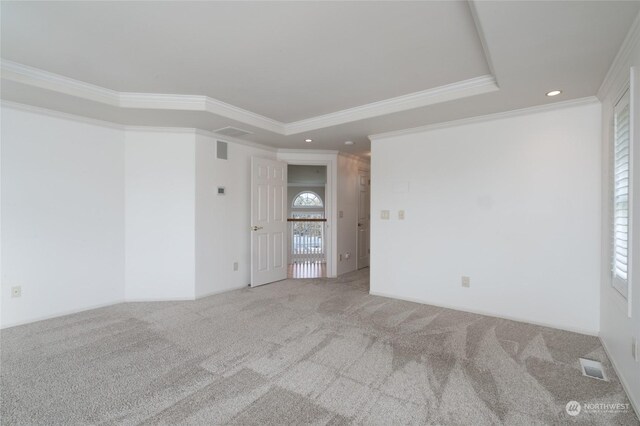 unfurnished room with crown molding, carpet, and a tray ceiling