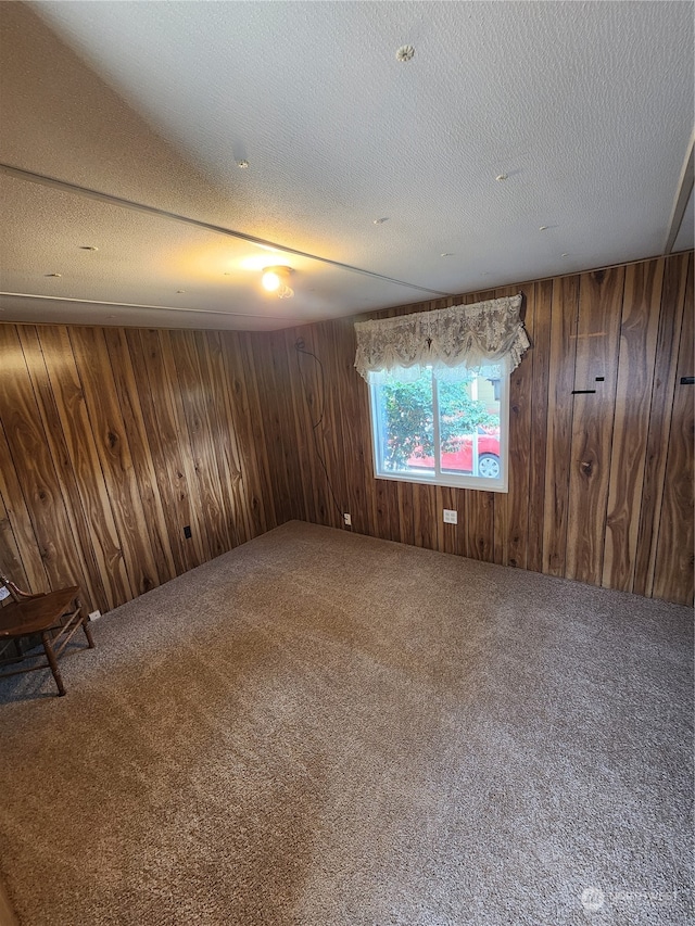 unfurnished room with wood walls, a textured ceiling, and carpet floors