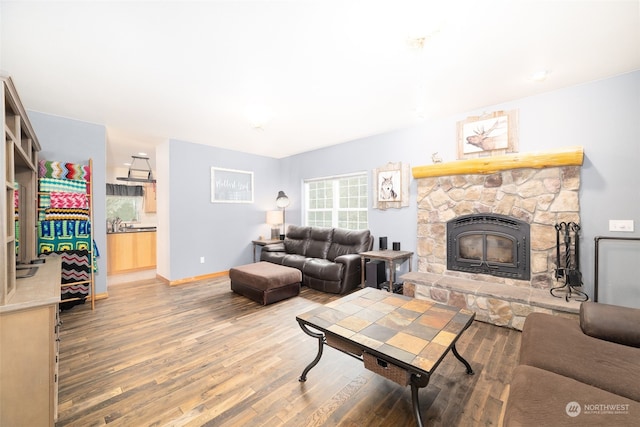 living room featuring wood-type flooring and a stone fireplace