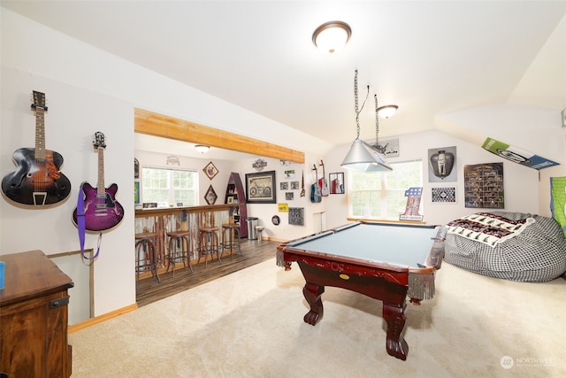 recreation room with bar area, a healthy amount of sunlight, carpet flooring, and pool table