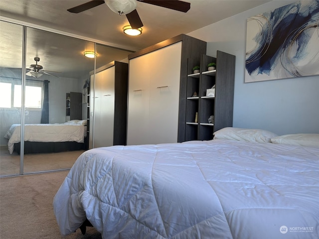 bedroom featuring light carpet and ceiling fan