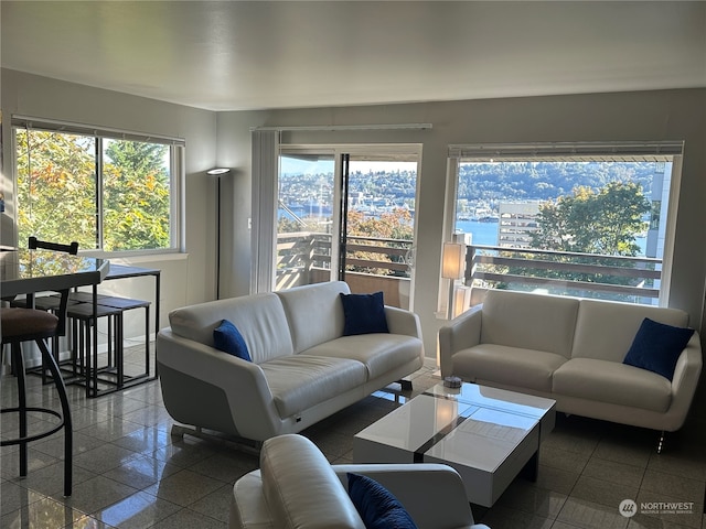 living room featuring a water view and a wealth of natural light