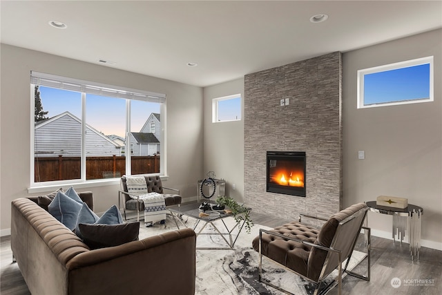 living room with wood-type flooring and a stone fireplace