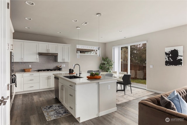 kitchen featuring white cabinets, dark hardwood / wood-style floors, an island with sink, and sink