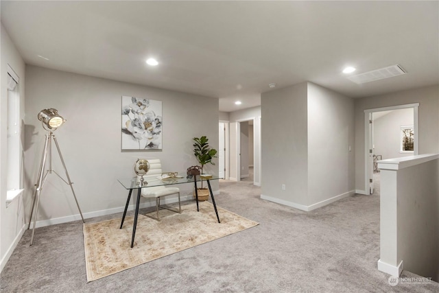 home office with light carpet, baseboards, and recessed lighting