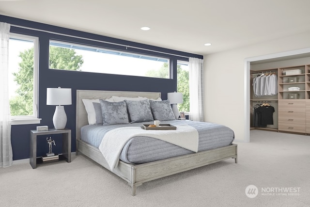 carpeted bedroom featuring a spacious closet and a closet