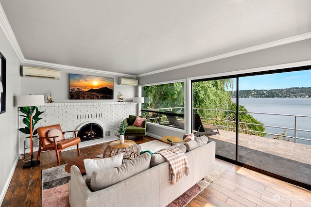 living room with an AC wall unit, hardwood / wood-style floors, a water view, and a fireplace