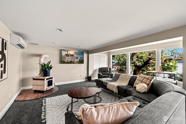 living room featuring a wall mounted AC and carpet flooring