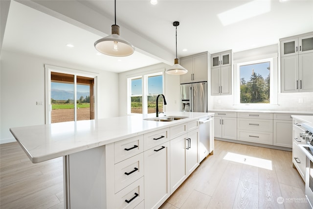 kitchen with light wood-type flooring, decorative light fixtures, stainless steel appliances, an island with sink, and sink