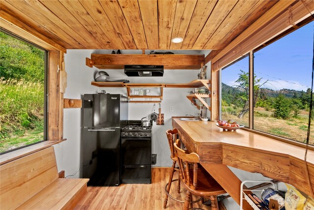 interior space featuring black appliances, wooden ceiling, and light hardwood / wood-style floors