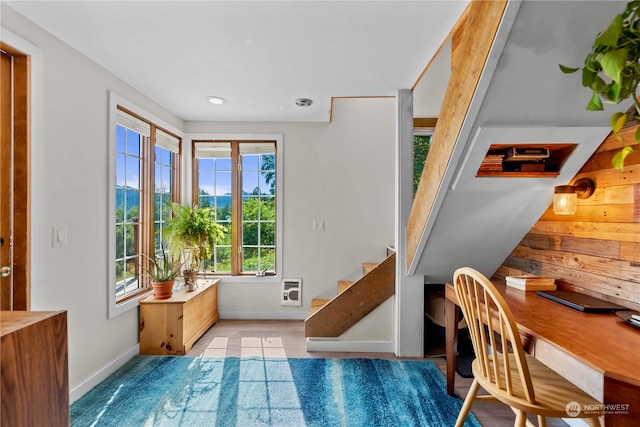 interior space with wood walls and heating unit