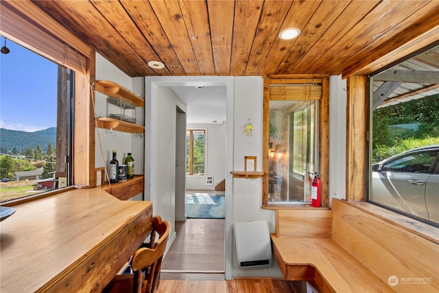 interior space with wood ceiling, a mountain view, and light hardwood / wood-style floors