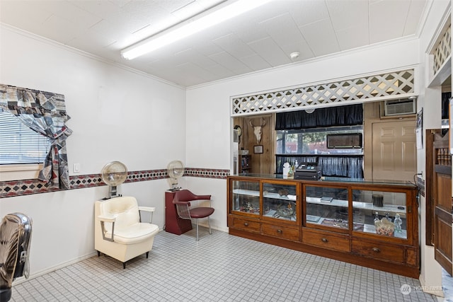 living area with ornamental molding and a wall mounted air conditioner