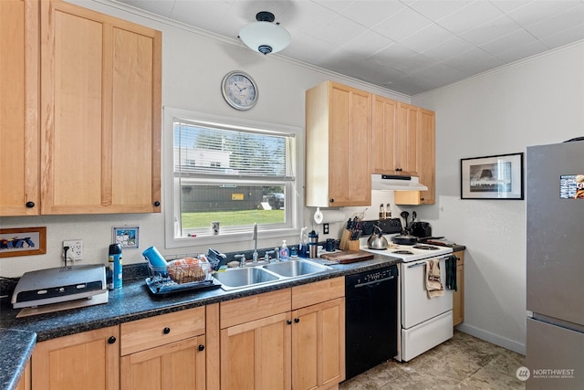 kitchen featuring black dishwasher, stainless steel refrigerator, light brown cabinets, sink, and electric stove