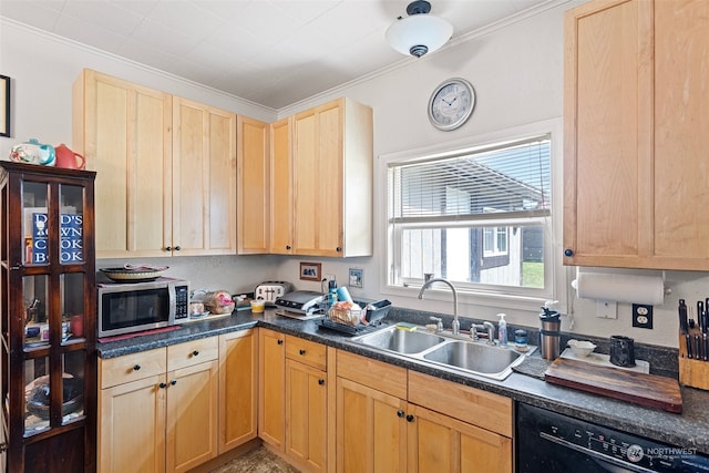 kitchen featuring light brown cabinetry, black dishwasher, crown molding, and sink