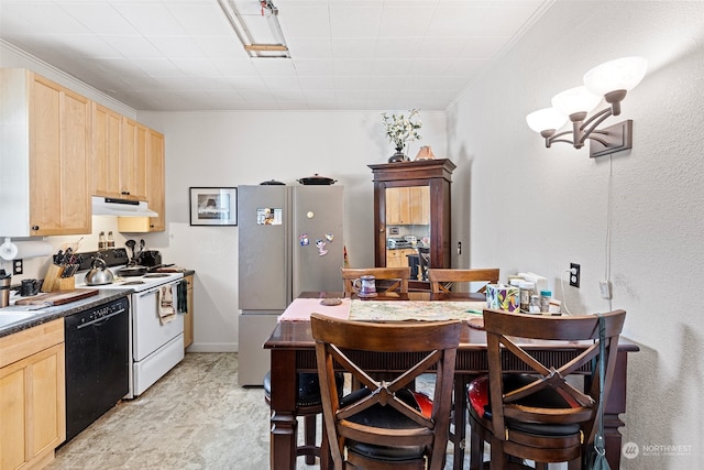 kitchen featuring black dishwasher, light brown cabinetry, stainless steel refrigerator, and electric stove