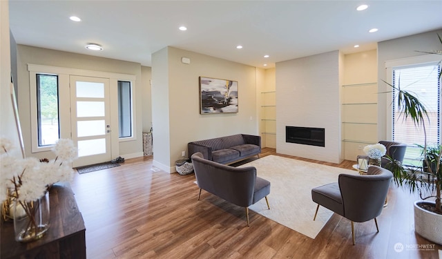 living room featuring plenty of natural light, hardwood / wood-style flooring, and a fireplace