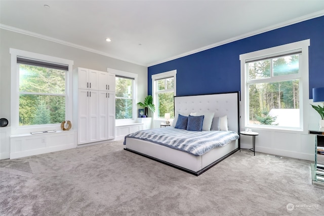 carpeted bedroom with multiple windows and crown molding