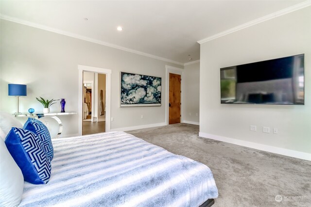 carpeted bedroom with ornamental molding