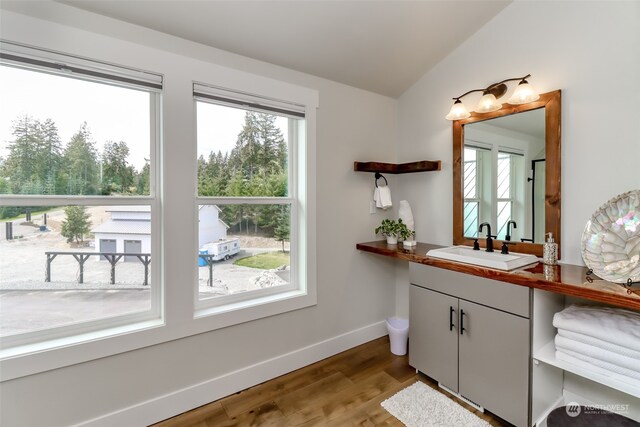 bathroom featuring lofted ceiling, hardwood / wood-style floors, and vanity