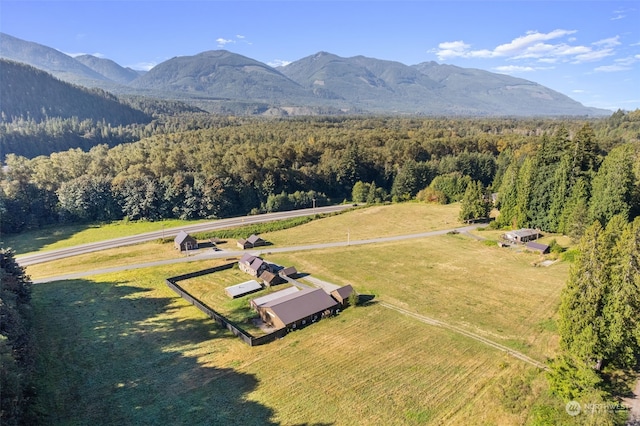 drone / aerial view featuring a rural view and a mountain view