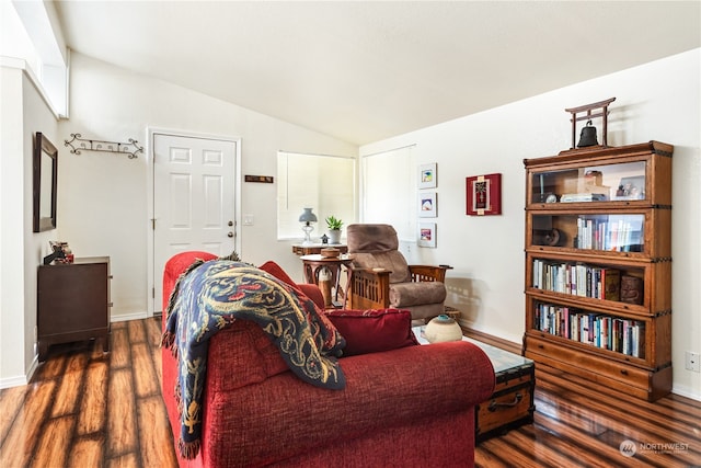 living room featuring dark wood-type flooring and lofted ceiling