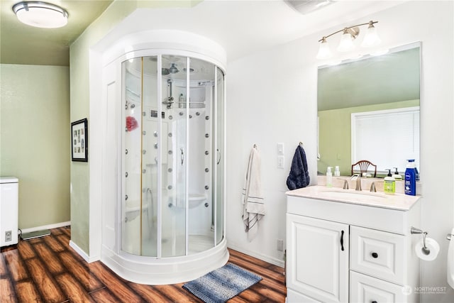 bathroom with vanity, wood-type flooring, and an enclosed shower