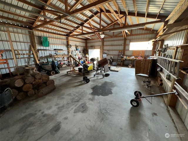 garage with a workshop area
