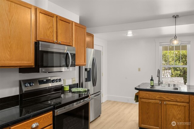 kitchen featuring light hardwood / wood-style flooring, sink, decorative light fixtures, and appliances with stainless steel finishes