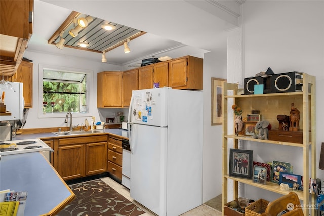 kitchen featuring ornamental molding, white appliances, rail lighting, and sink