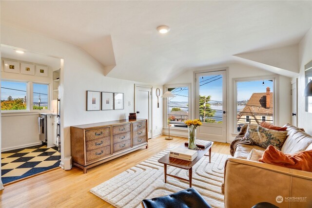 living room featuring lofted ceiling, plenty of natural light, and light hardwood / wood-style floors