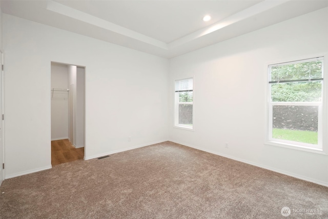 191 E Greenwood Ln, Shelton, WA 98584 - unfurnished bedroom with carpet floors, a walk in closet, a raised ceiling, baseboards, and recessed lighting